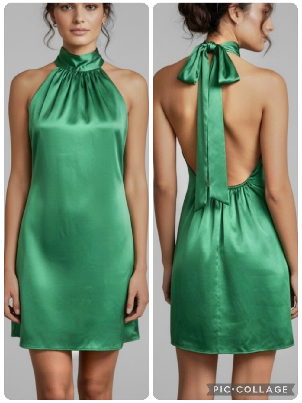 Flounce Emerald Green Satin Mini Backless High Tie Neck Dress 6 Halter Cocktail